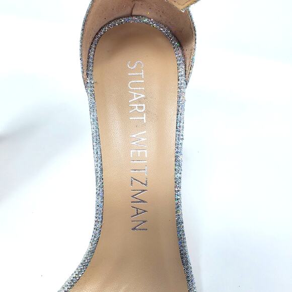 Stuart Weitzman Nudistcurve Glitter Ankle Strap Sandals Silver Crystal Size 8.5 - Picture 10 of 11